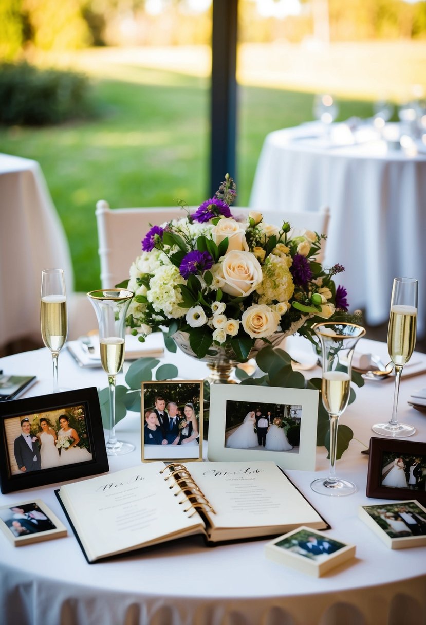 A table adorned with wedding memorabilia, flowers, and photos. A pair of champagne glasses and a guest book sit nearby