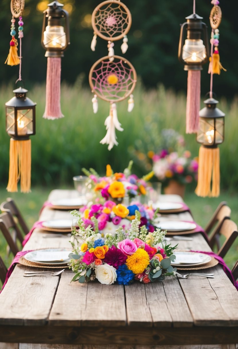 A bohemian wedding scene with colorful floral crowns on a rustic wooden table surrounded by vintage lanterns and dreamcatchers