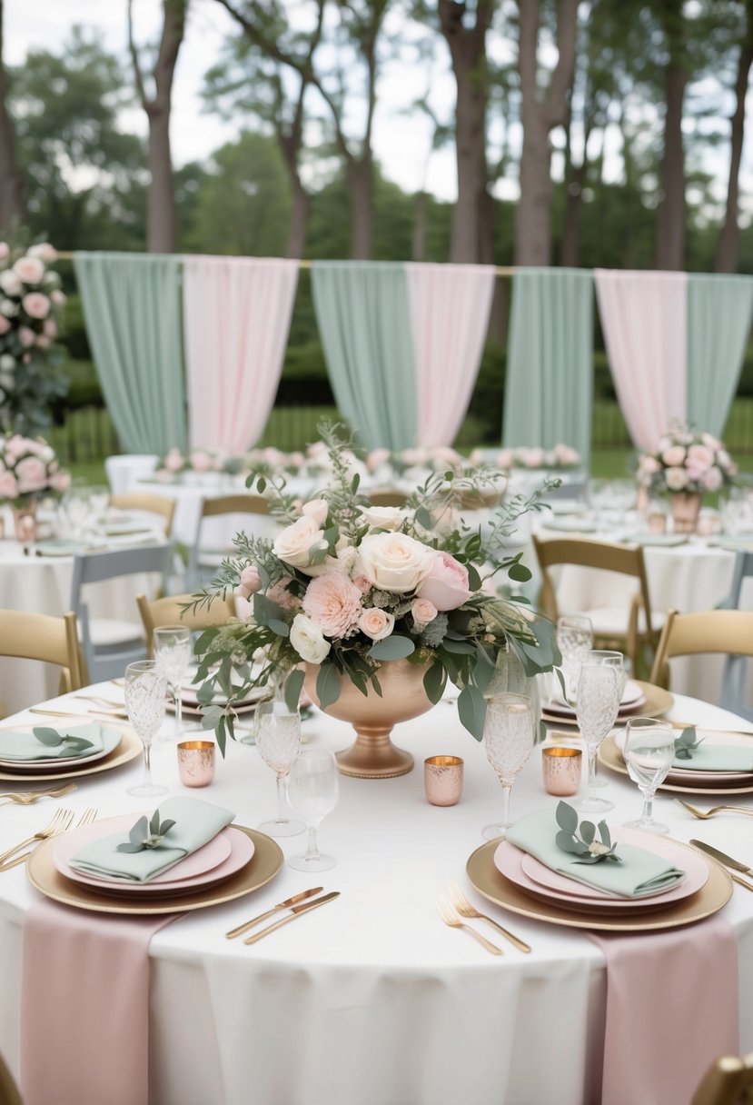 A table set with floral centerpieces, draped in white and gold linens, surrounded by wedding colors of blush pink, sage green, and soft lavender accents