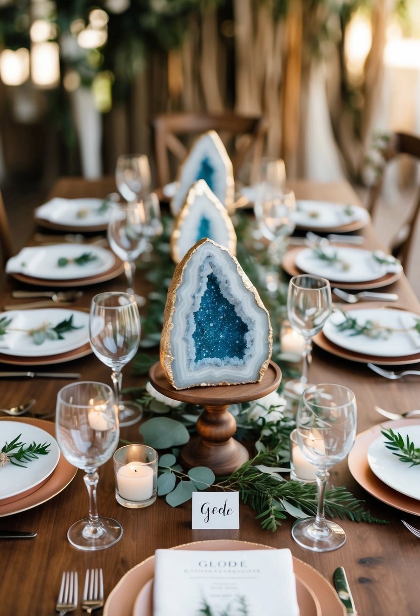 A table adorned with geode decorations, surrounded by bohemian wedding elements