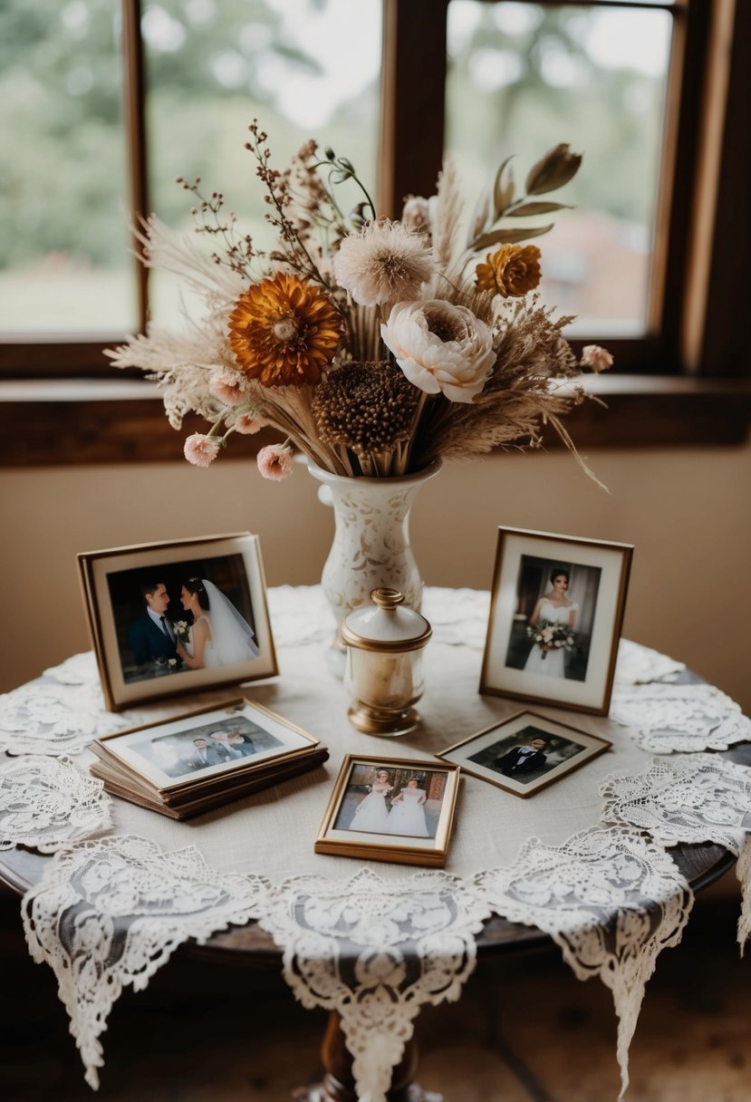 An antique table adorned with old wedding photos, lace, and dried flowers