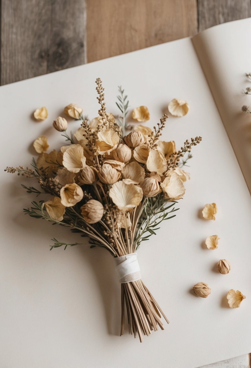 A delicate bouquet of dried flower petals arranged on a blank wedding scrapbook page