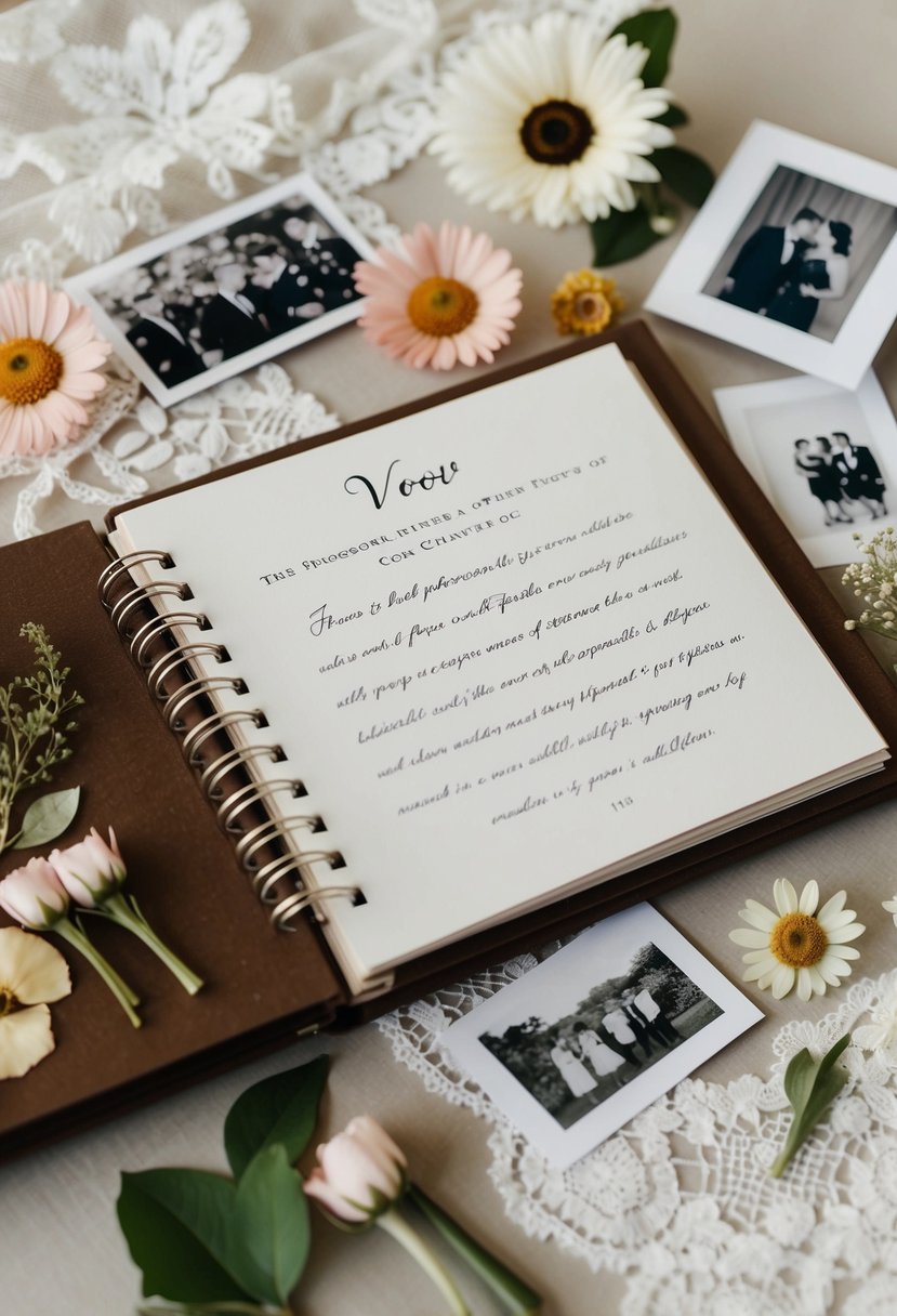 A wedding scrapbook open to a vow page, surrounded by pressed flowers, lace, and vintage photos