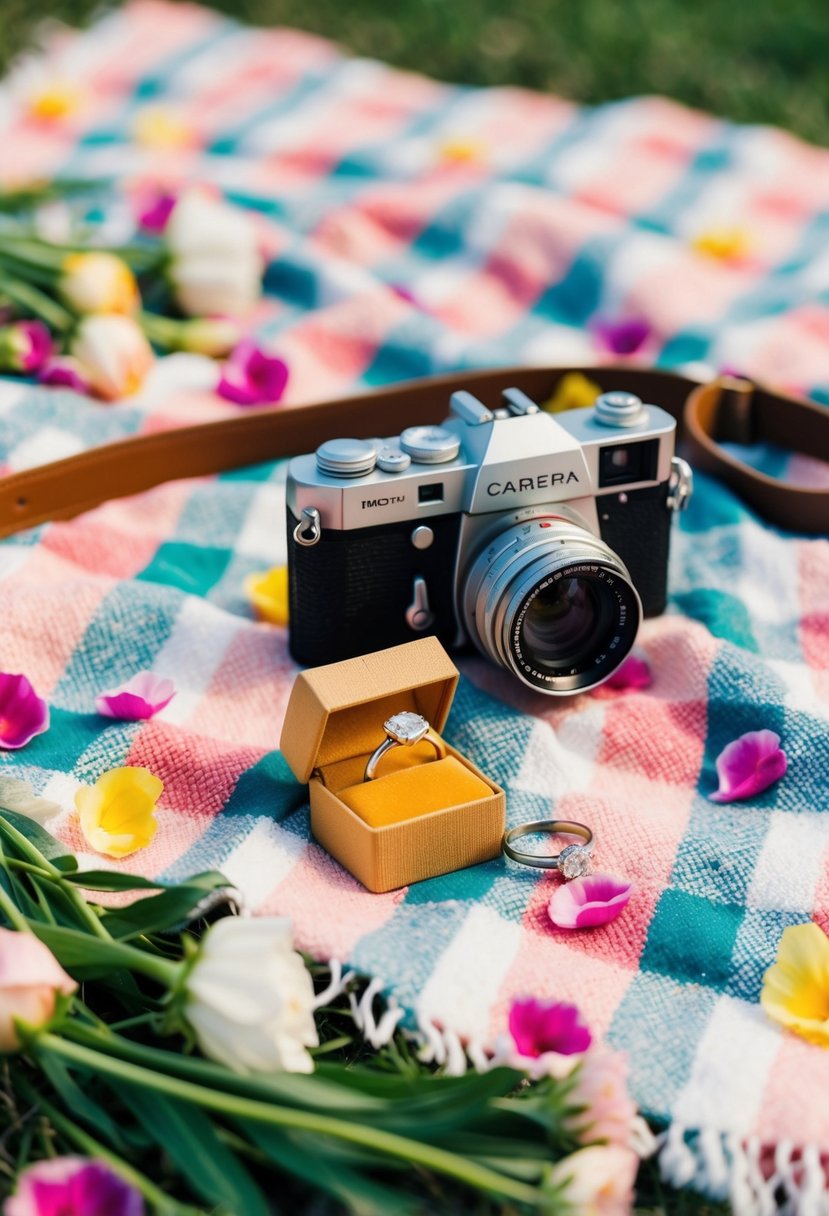 A picnic blanket with scattered flower petals, a vintage camera, and a pair of engagement rings nestled in a small box