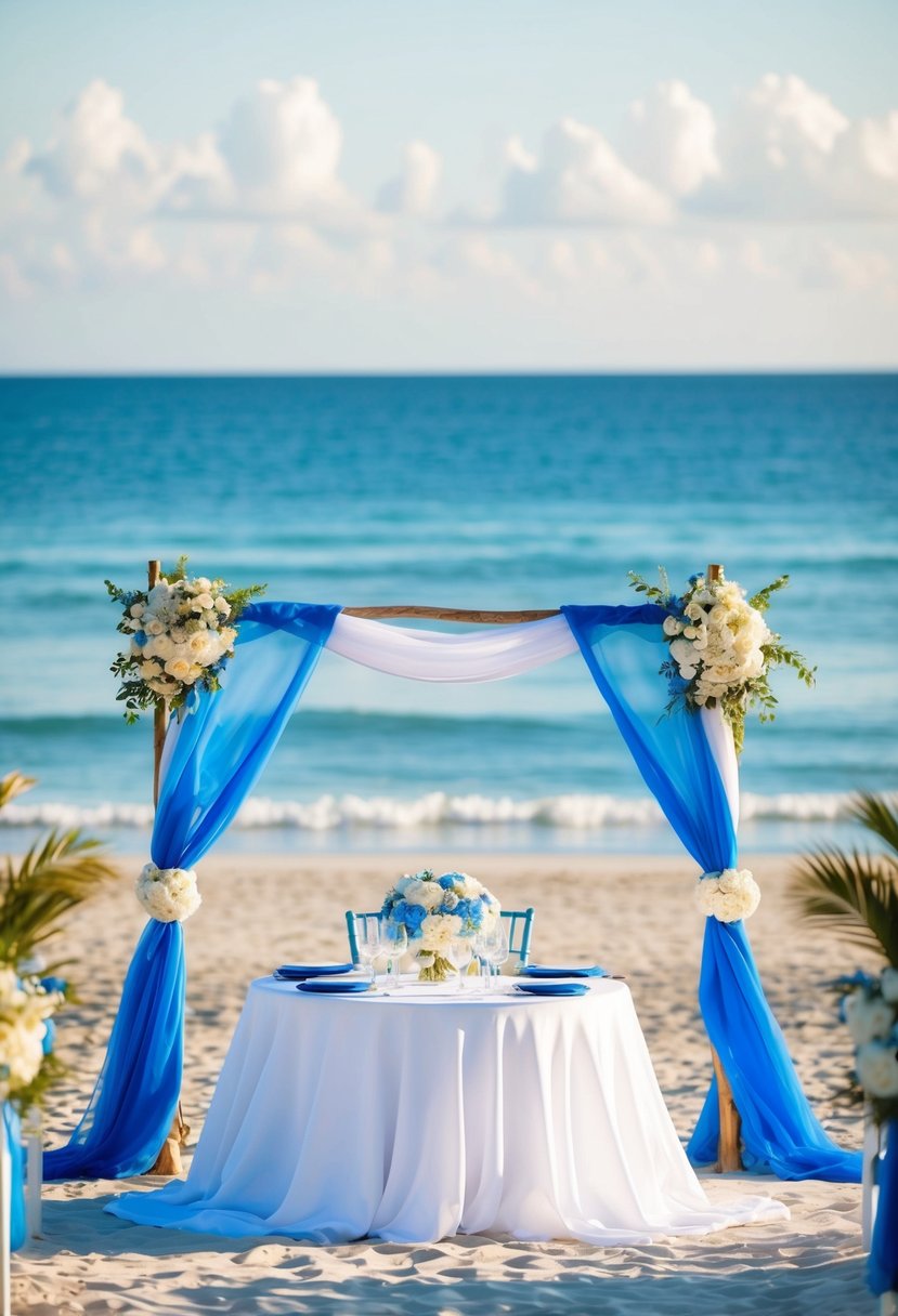 A serene beach wedding with blue and white decor, flowing fabric, and a picturesque ocean backdrop