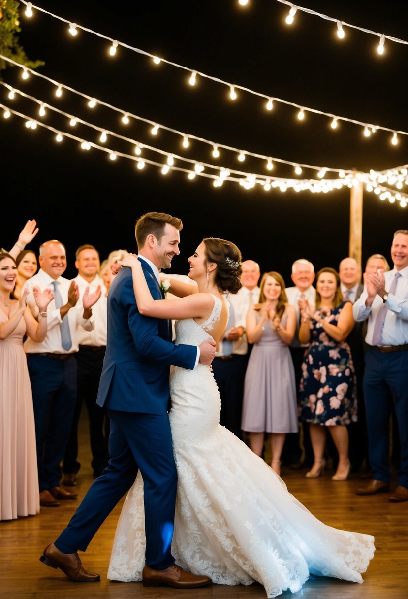 A bride and groom dancing under a canopy of twinkling lights, surrounded by their friends and family cheering and clapping