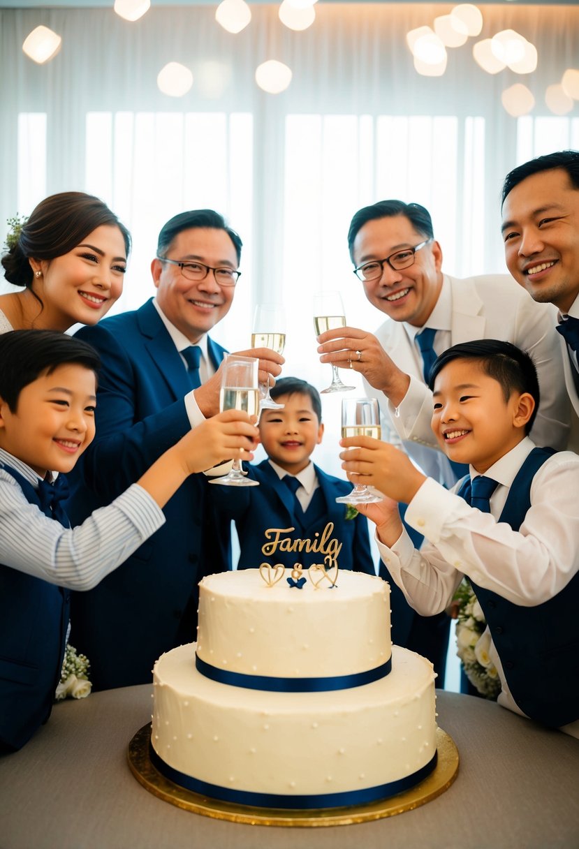 A family gathered around a wedding cake, smiling and raising their glasses in celebration