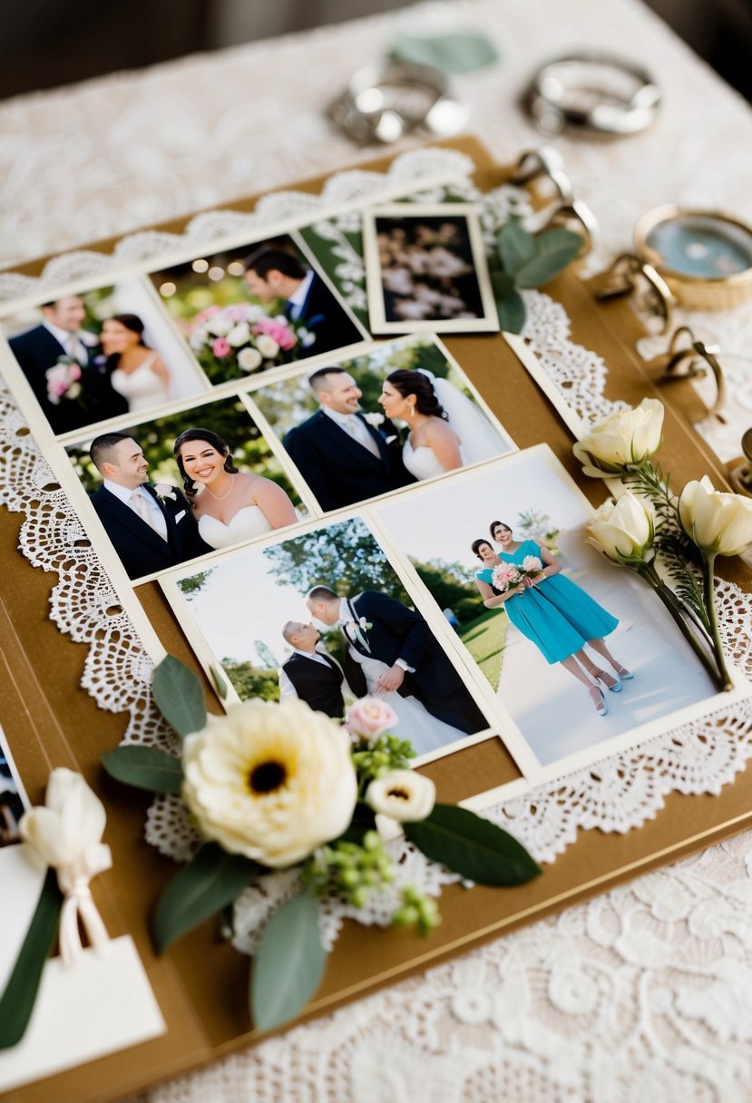 A wedding scrapbook page with lace borders framing photos, flowers, and mementos