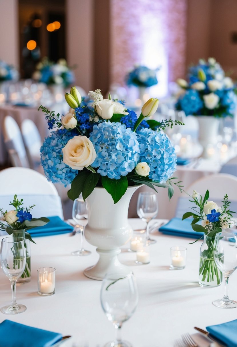 Powdery blue florals in white vases adorn tables at a wedding reception