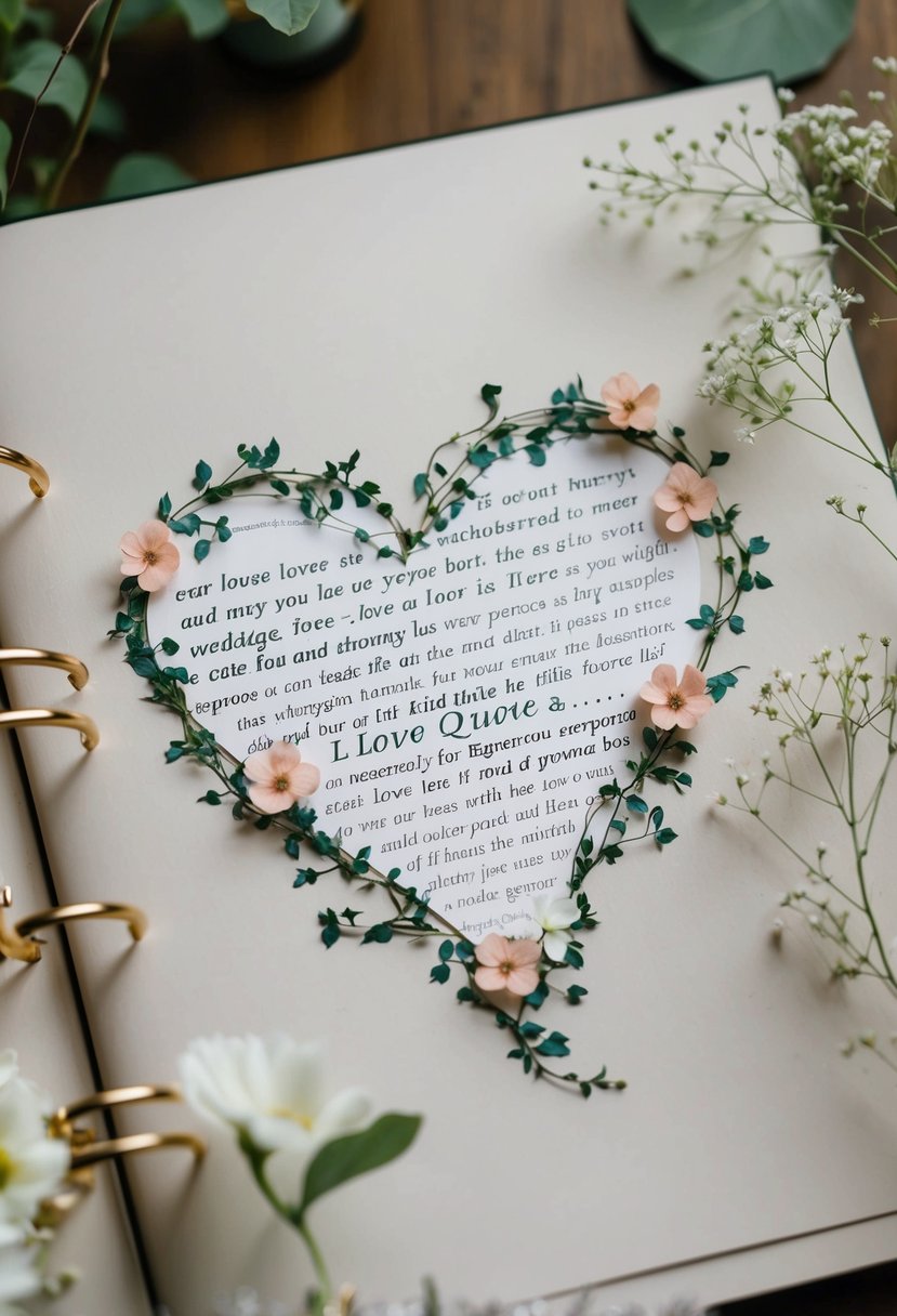 A heart-shaped collage of love quotes, intertwined with delicate vines and flowers, adorning the pages of a wedding scrapbook