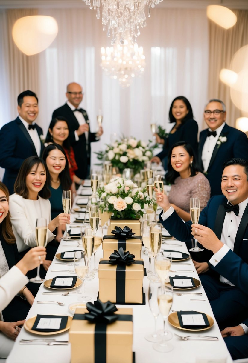 A table adorned with elegant gift boxes, floral arrangements, and champagne flutes, surrounded by joyful guests in formal attire