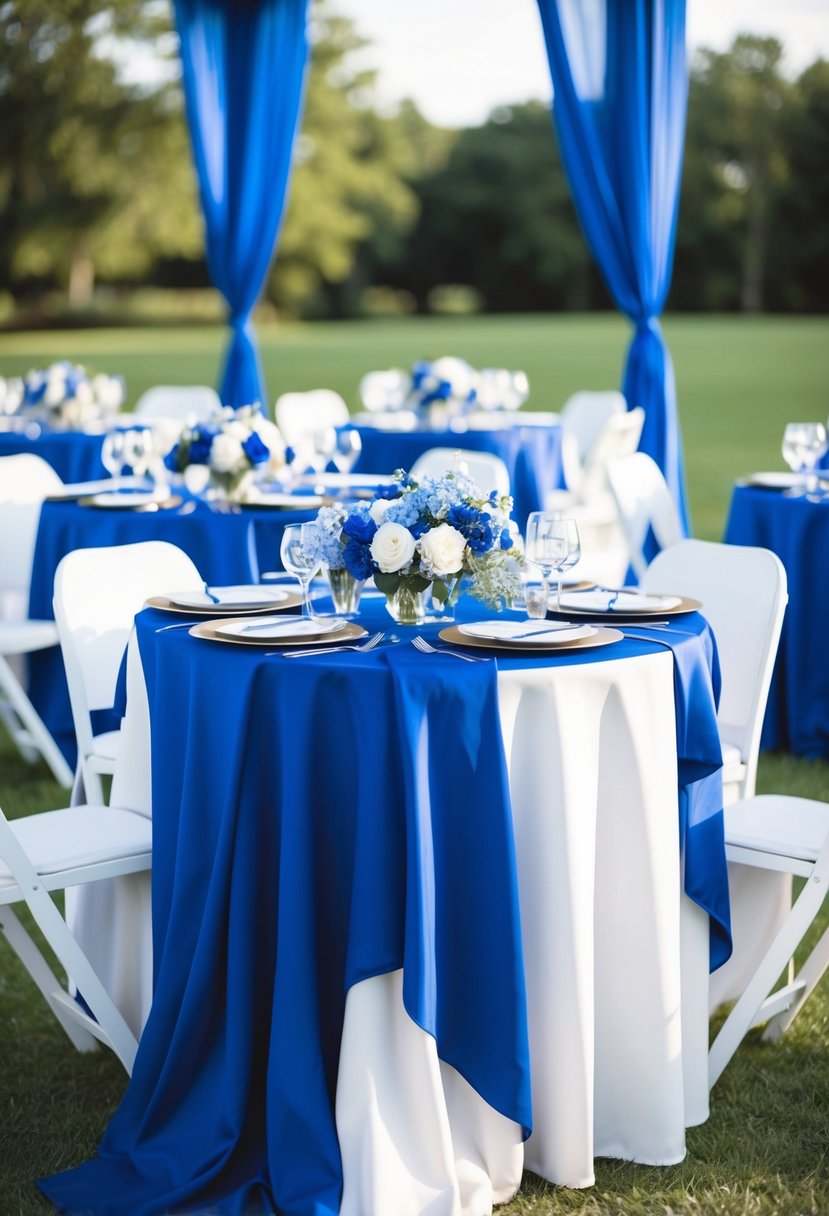 A royal blue tablecloth drapes elegantly over a white table, adorned with delicate blue and white floral centerpieces