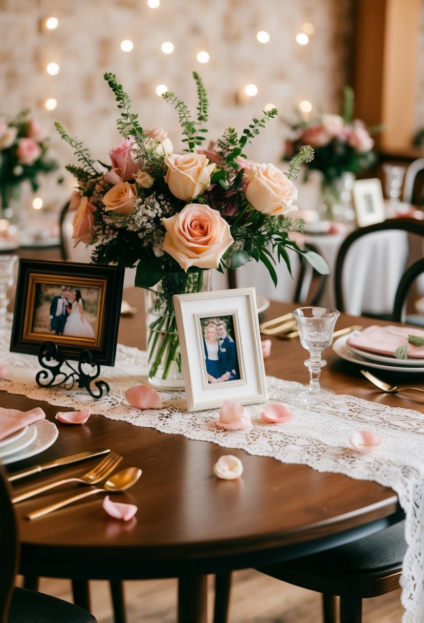 A cozy table setting with floral centerpieces and vintage photo frames. A lace table runner and scattered rose petals complete the romantic scene