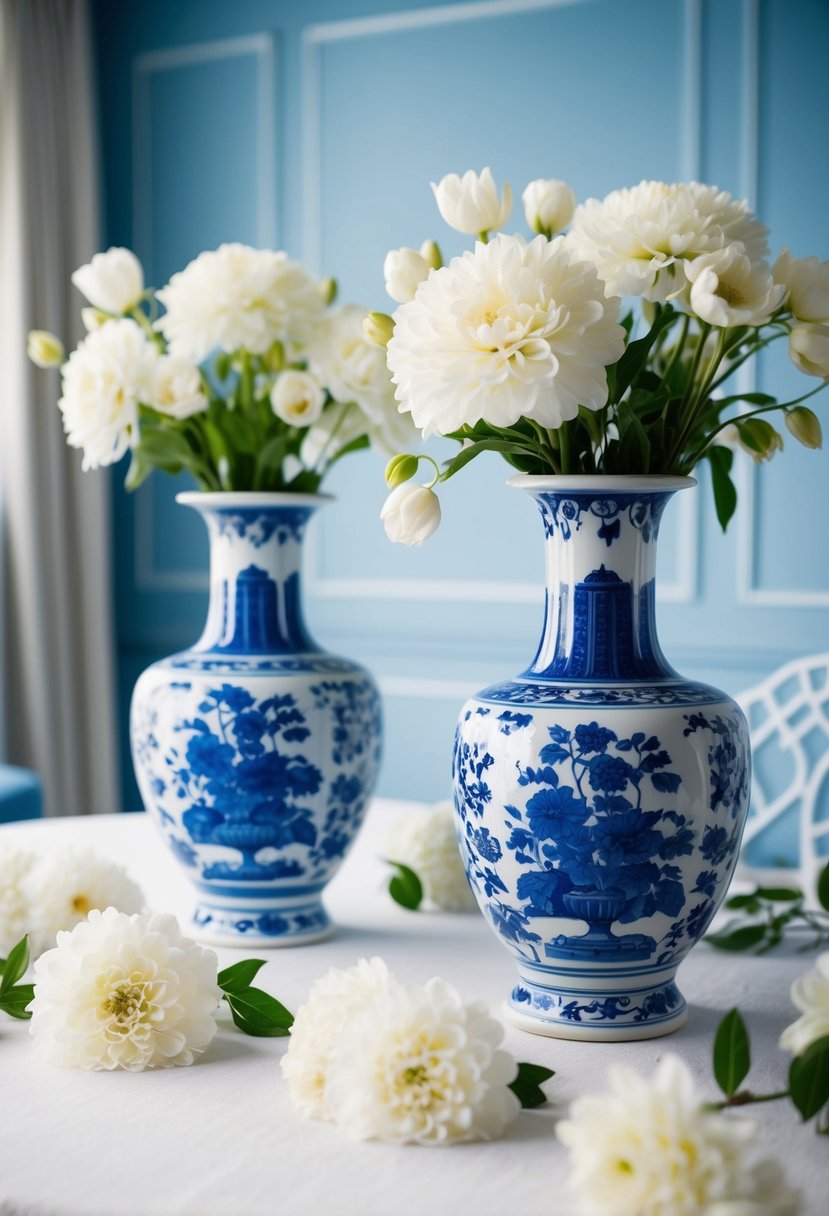 Two elegant blue and white Chinoiserie vases sit on a table, surrounded by delicate white flowers and soft blue accents