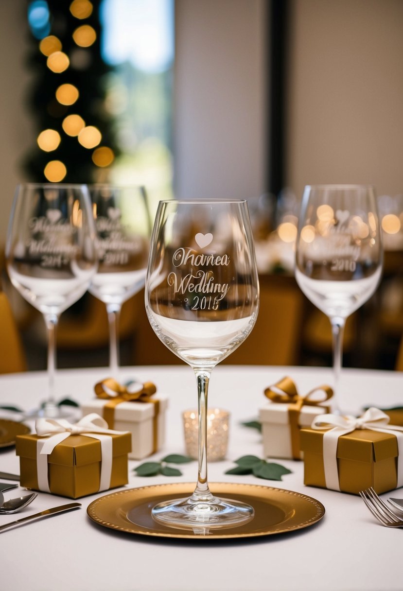 A table set with engraved stemless wine glasses, surrounded by wedding decor and gifts