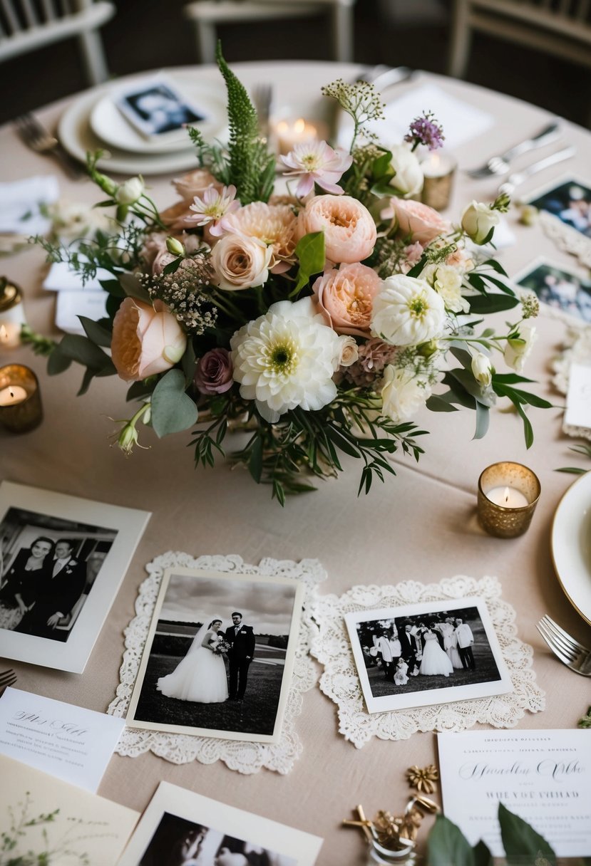 A table adorned with floral arrangements, lace, and vintage photographs, surrounded by scattered wedding invitations and mementos