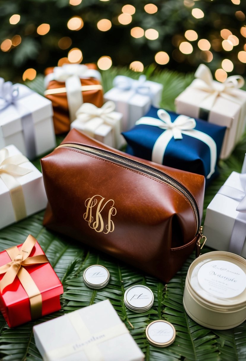 A monogrammed leather toiletries bag surrounded by wedding party gift items