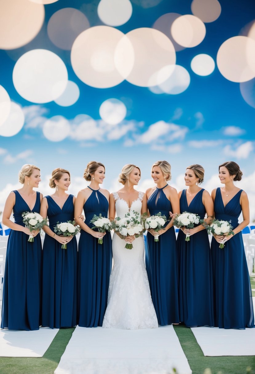 A group of navy blue bridesmaid dresses arranged in a white and blue wedding setting