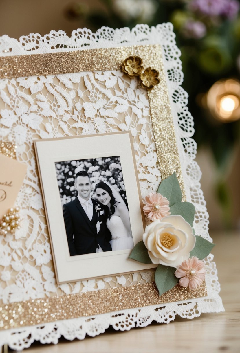 A wedding scrapbook page with glitter accents on a lace background, adorned with floral embellishments and a photo corner