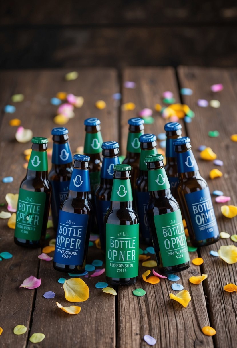 A group of personalized bottle openers arranged on a rustic wooden table, surrounded by colorful confetti and delicate flower petals