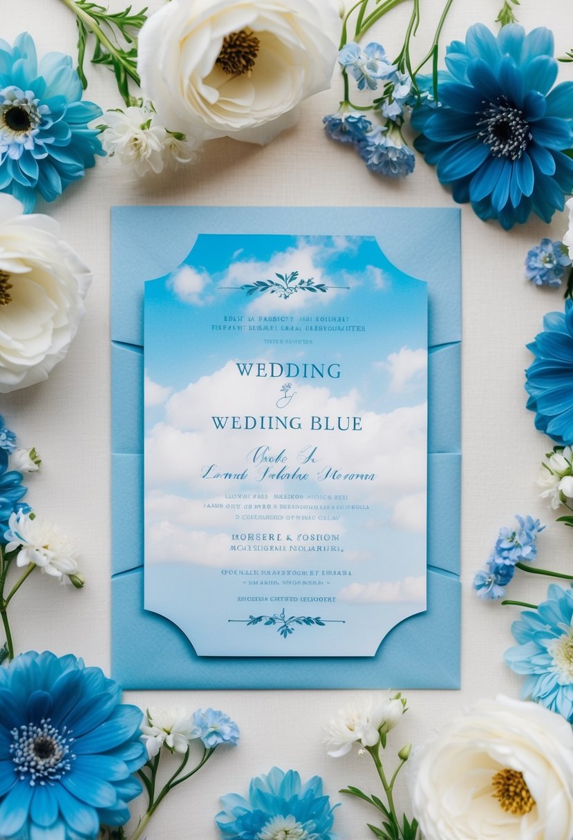 A serene sky blue wedding invitation surrounded by delicate blue and white floral arrangements