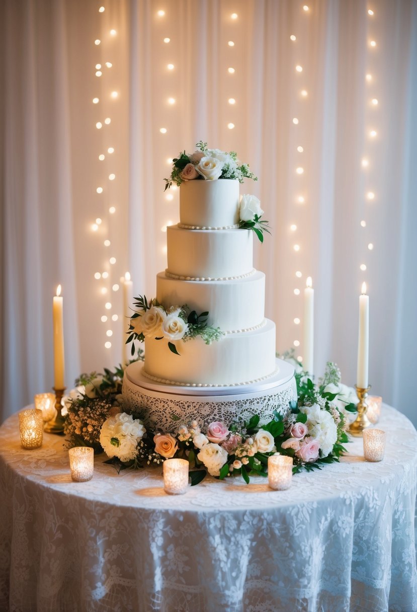 A beautifully decorated three-tiered wedding cake sits atop a lace-covered table, surrounded by delicate floral arrangements and twinkling candlelight