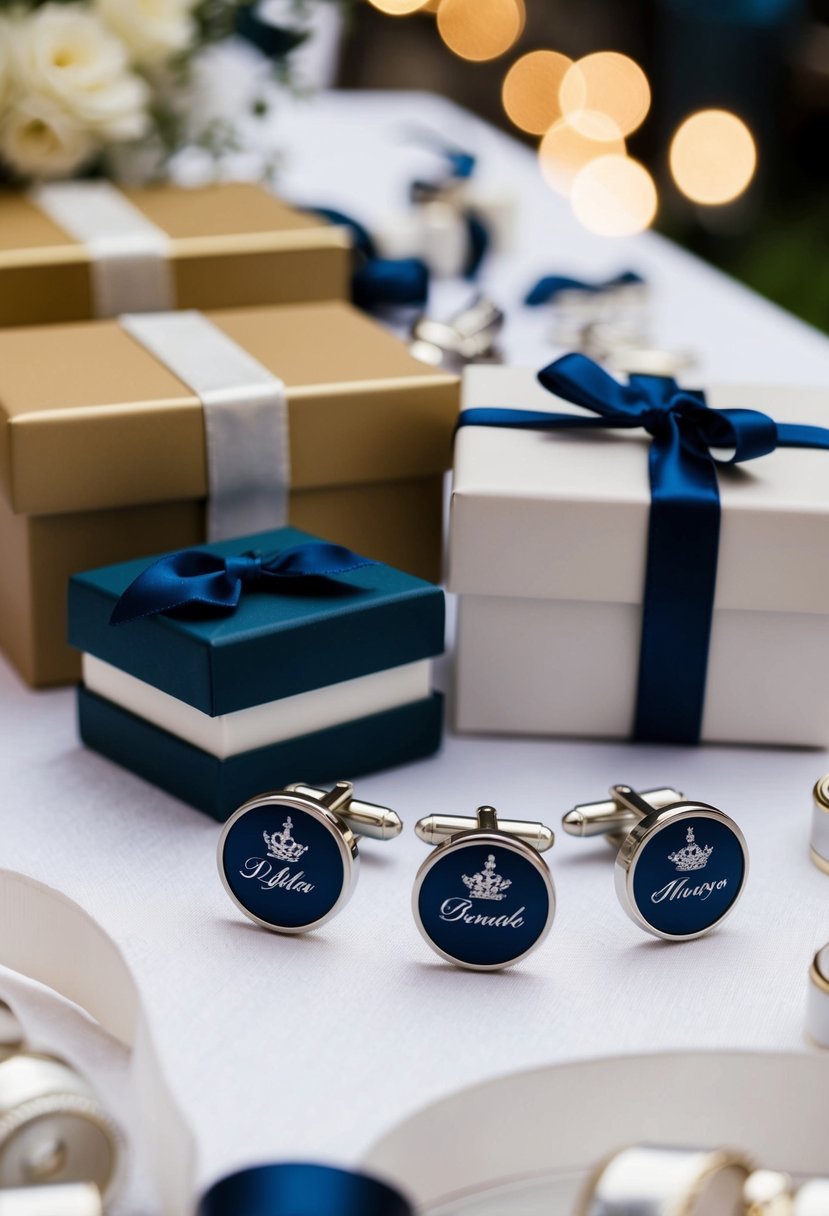 A table displays personalized cufflinks with wedding motifs, surrounded by elegant gift boxes and decorative ribbons