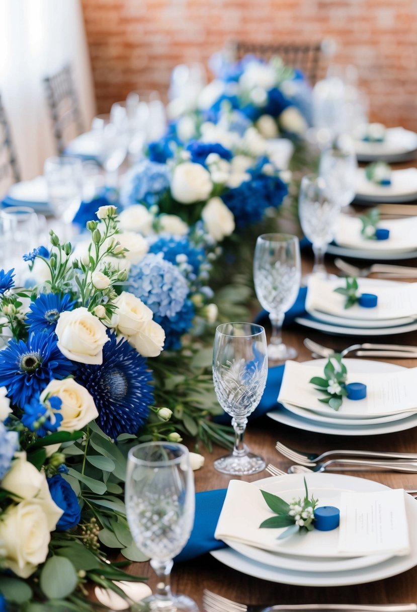 A table adorned with blue and white floral arrangements, set for a wedding celebration