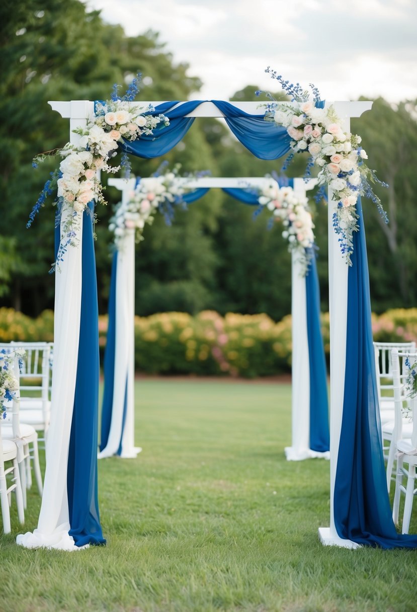 A serene outdoor setting with indigo blue and white wedding arches adorned with delicate flowers and draped fabric