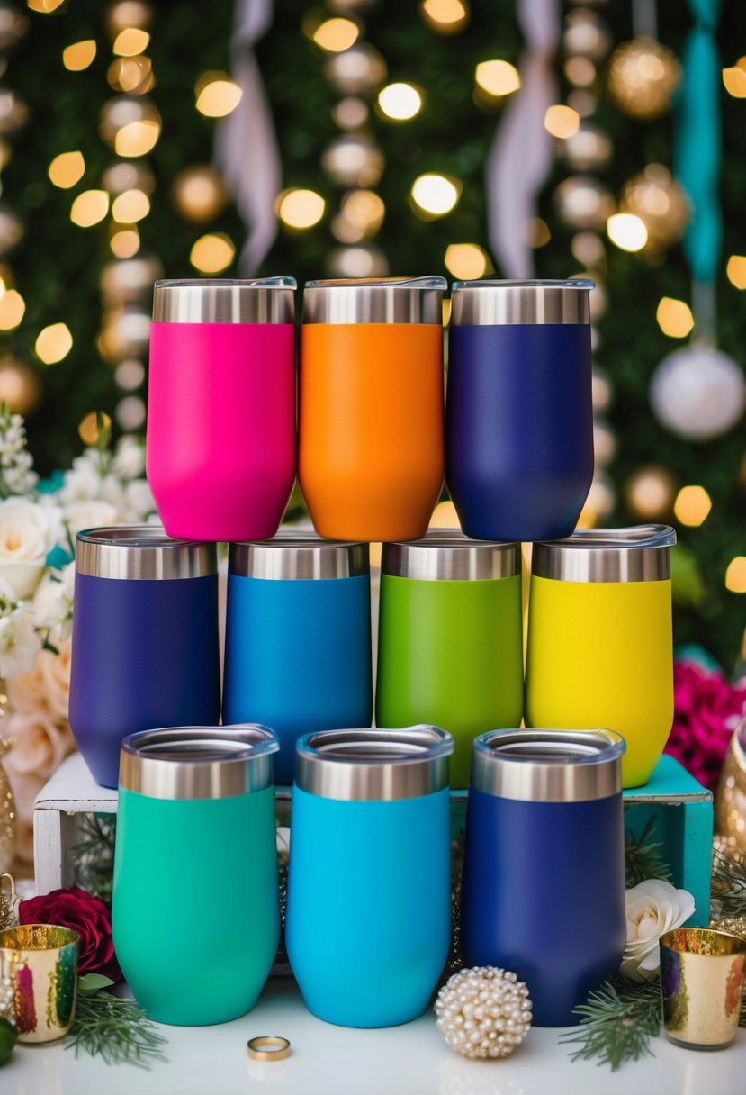 A group of colorful insulated travel tumblers arranged in a decorative display, surrounded by festive wedding decor and accessories