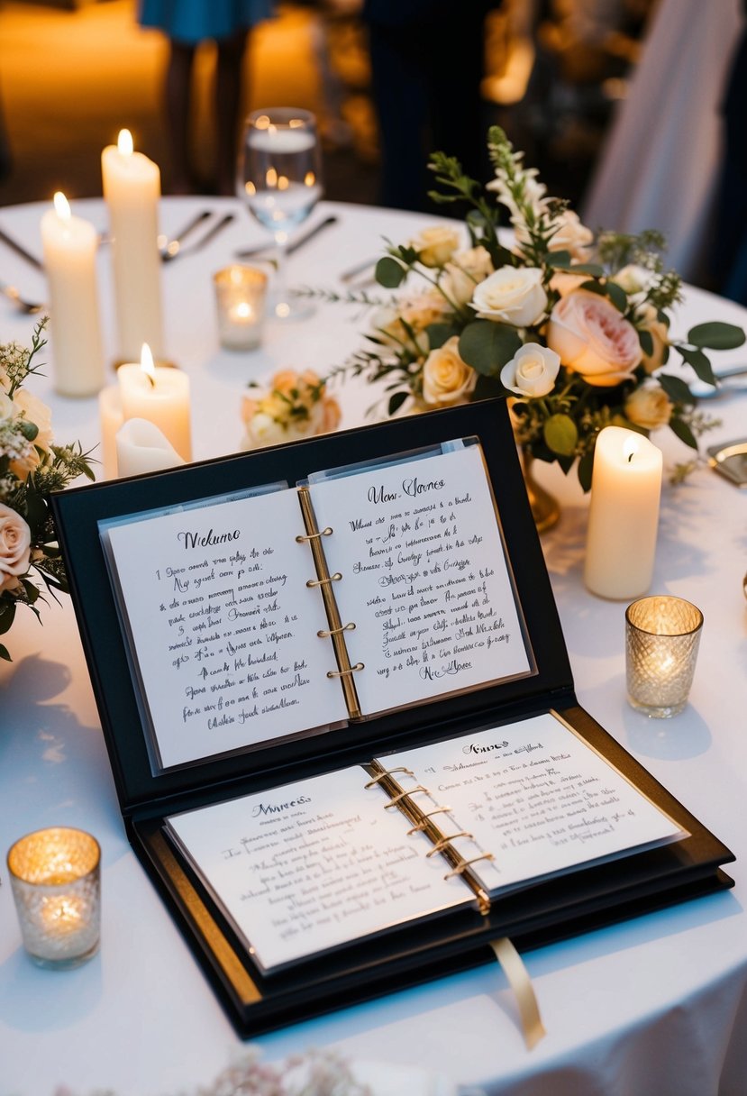 A table with a wedding scrapbook open to guests' messages, surrounded by flowers and candles