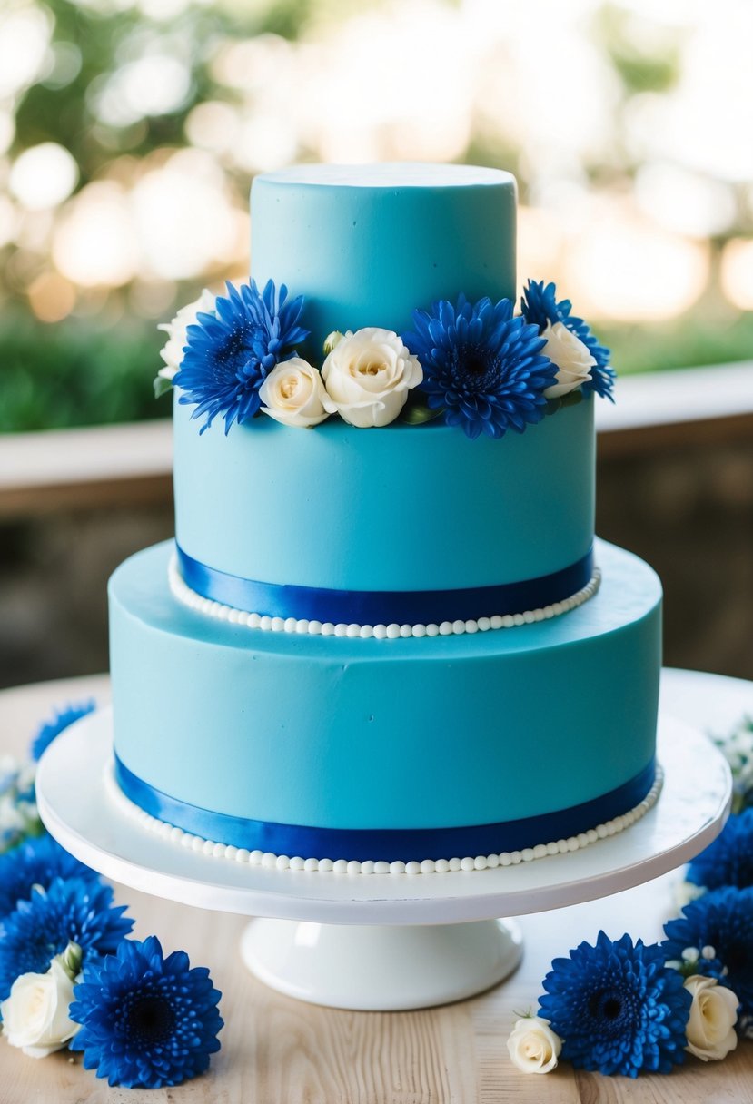 A periwinkle wedding cake surrounded by blue and white floral accents