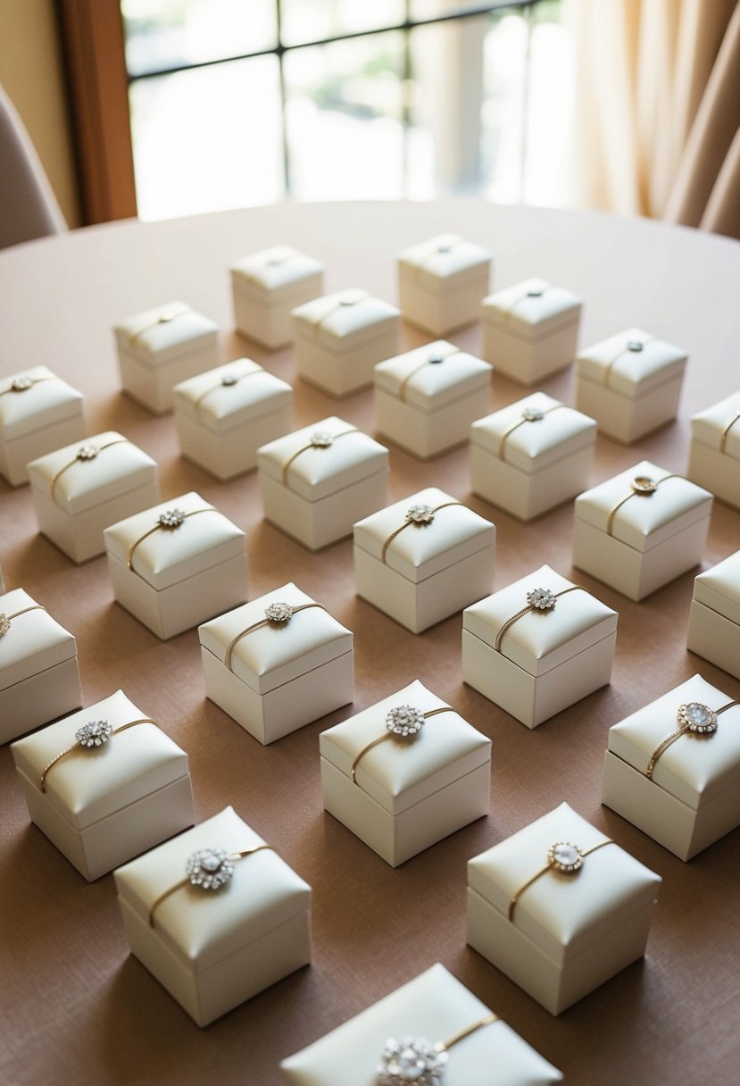 A collection of elegant, personalized jewelry boxes arranged on a table, each adorned with delicate designs and intricate details, perfect for wedding party gifts