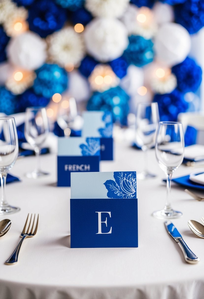 A table set with French Blue Escort Cards against a backdrop of blue and white wedding decor