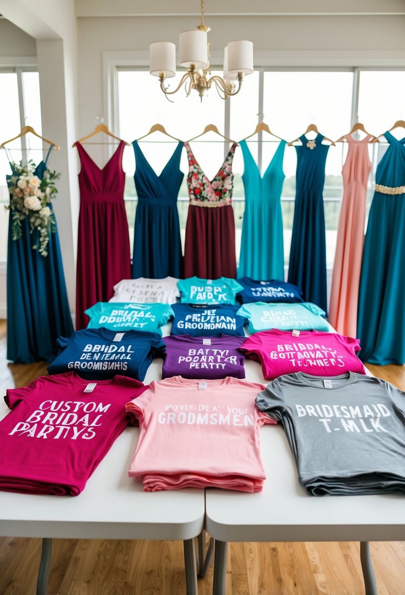 A group of colorful custom bridal party t-shirts arranged neatly on a table, with various sizes and designs for bridesmaids and groomsmen