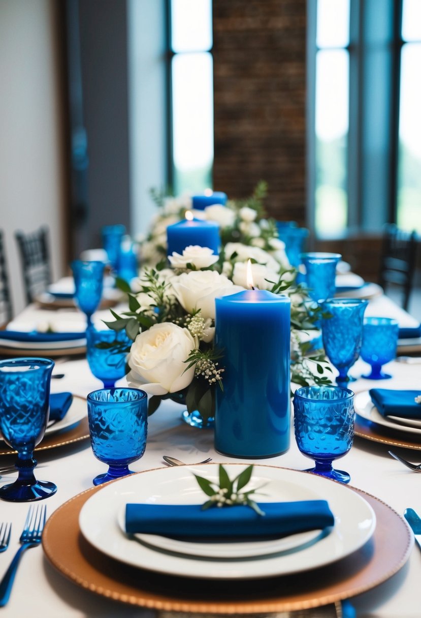 A table set with cobalt blue candles and white floral arrangements for a wedding