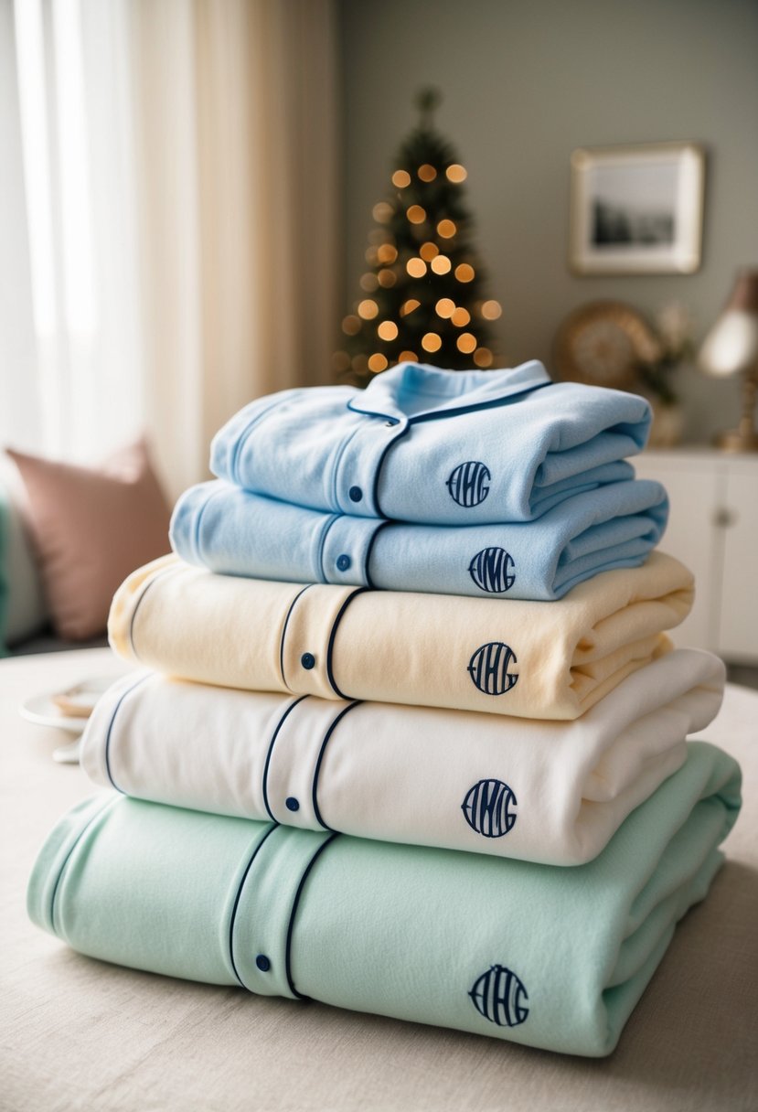 A group of matching monogrammed pajama sets neatly folded and arranged on a table, with a soft, cozy atmosphere