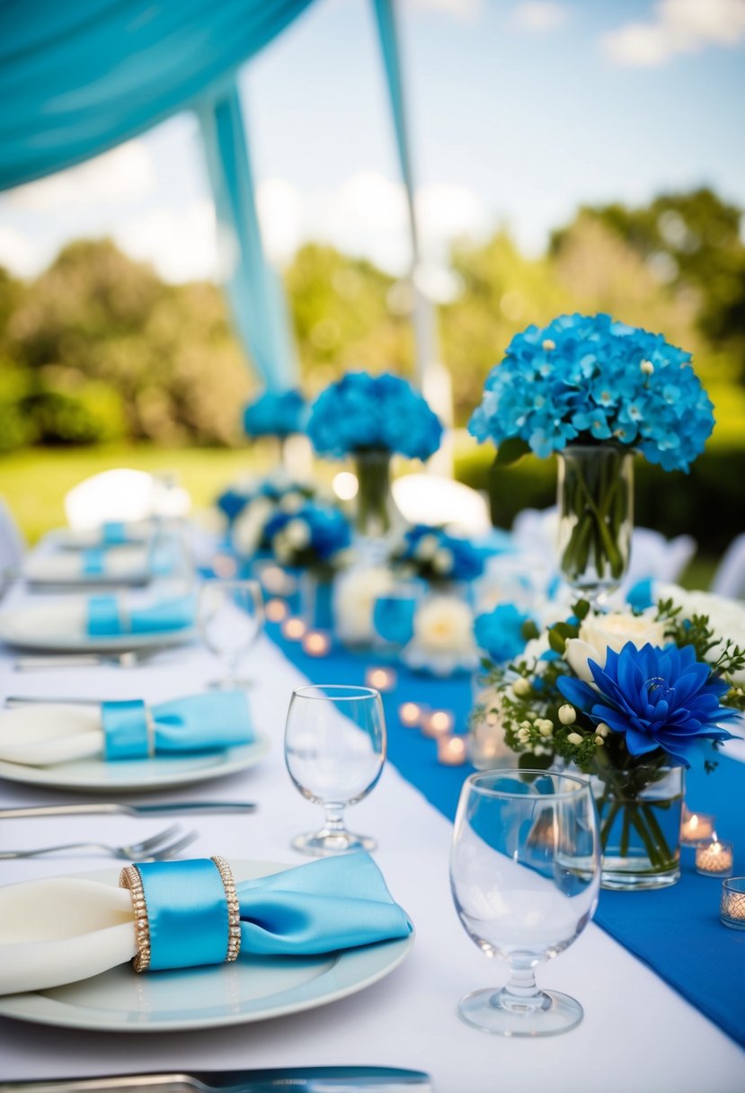 A table set with baby blue napkin rings, white linens, and blue floral centerpieces for a wedding