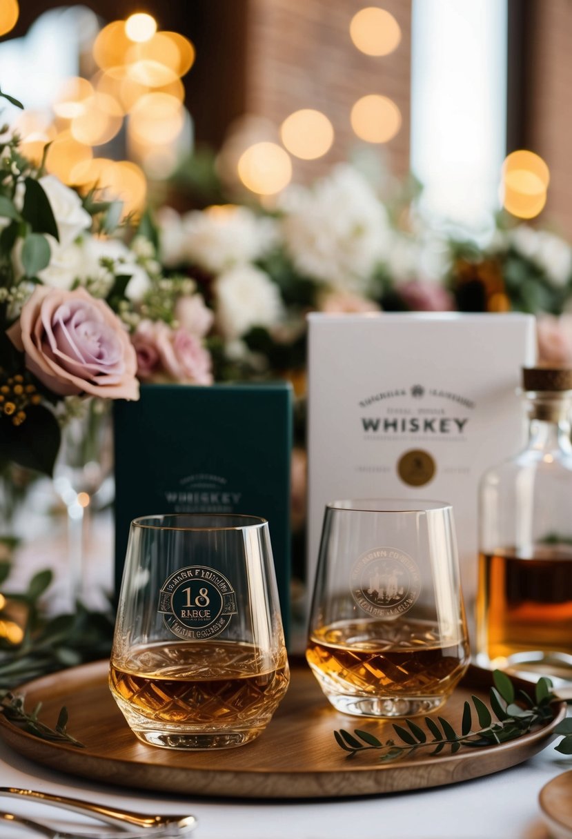 A table set with two engraved whiskey glasses, surrounded by elegant packaging and wedding decorations