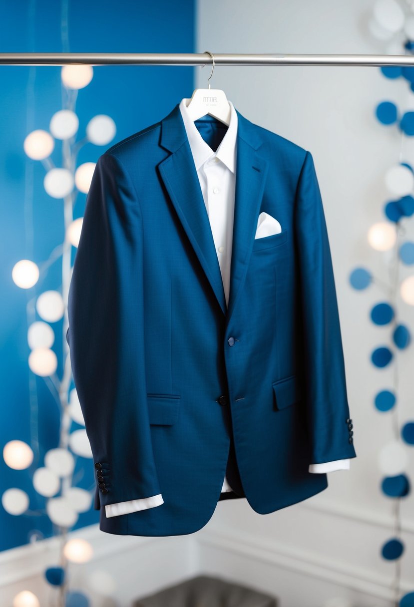 A midnight blue suit hanging on a white hanger against a blue and white background with elegant wedding decor