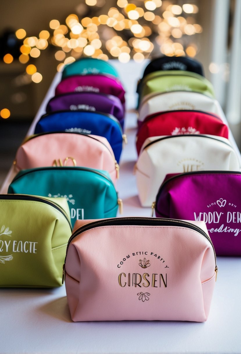 A collection of personalized cosmetic bags arranged on a table, each with a different design and color scheme, ready to be given as wedding party gifts