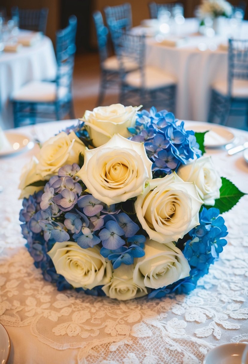 A white rose and blue hydrangea bouquet sits on a lace-covered table at a wedding reception