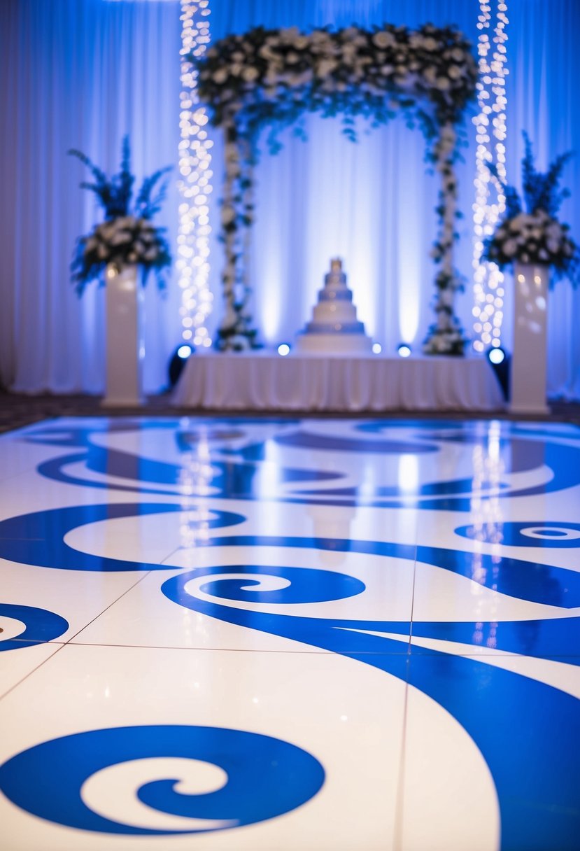 A blue and white dance floor with swirling patterns and floral accents, set against a backdrop of twinkling lights and elegant decor