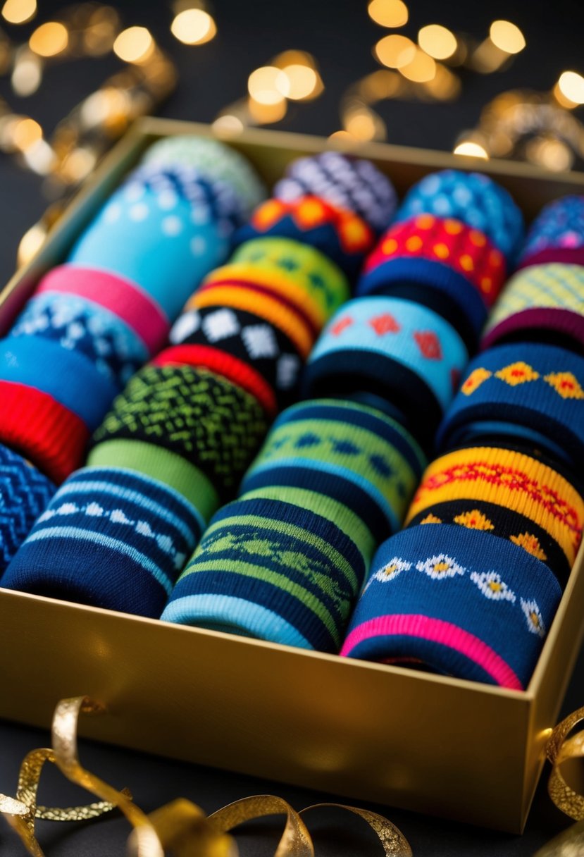 A colorful array of patterned novelty dress socks arranged in a decorative gift box