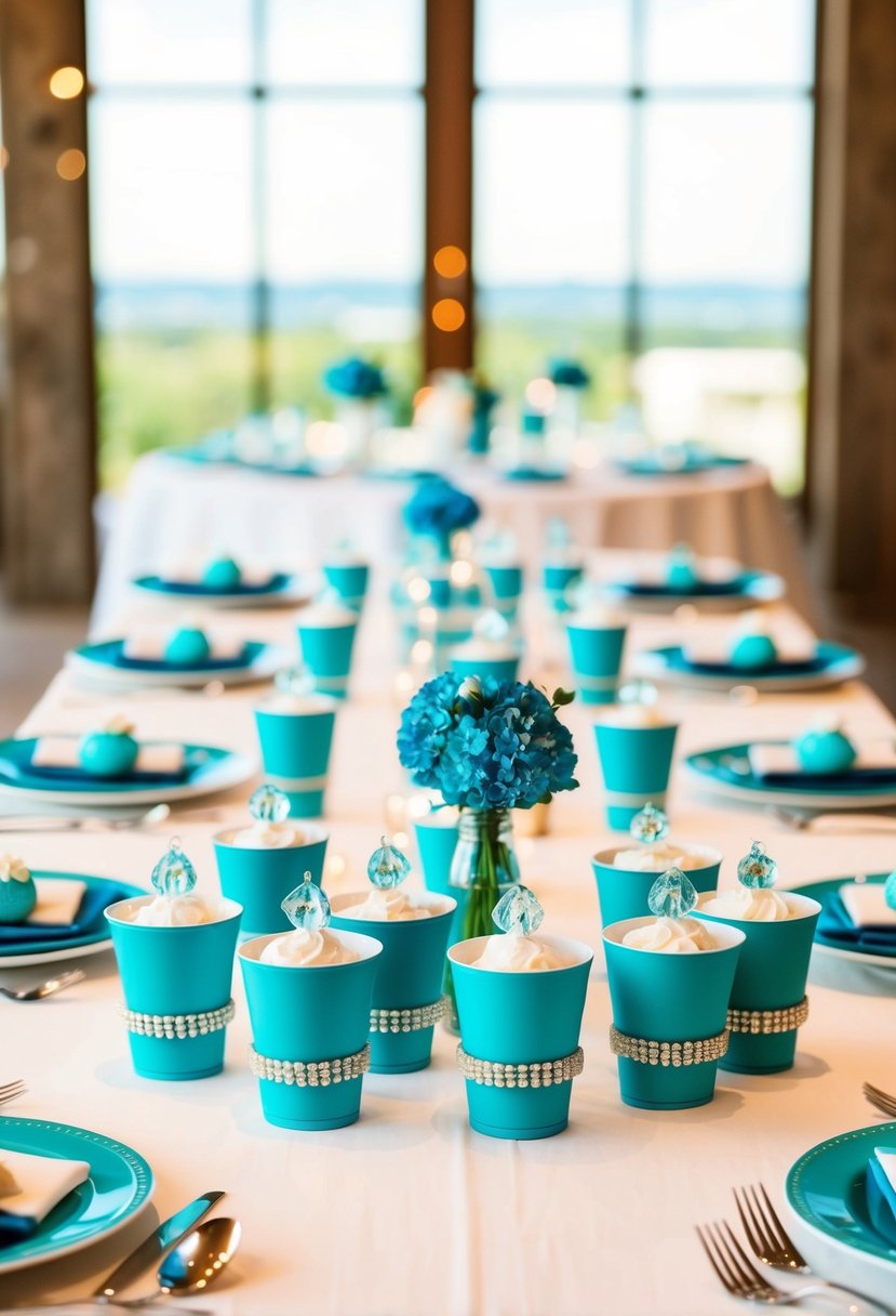 A table adorned with turquoise wedding favors and blue and white decor