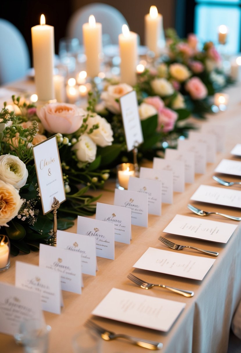 A table with elegantly designed place cards arranged in neat rows, surrounded by floral centerpieces and soft candlelight