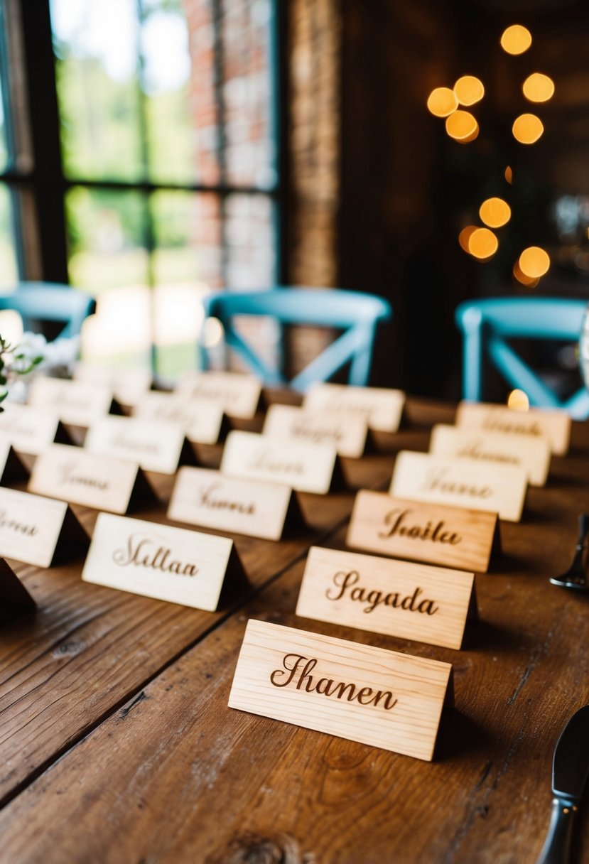 Wooden place cards with engraved names arranged on a rustic table