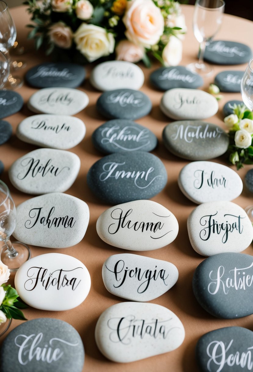 Elegant calligraphed rocks arranged on a table, each displaying a guest's name in beautiful script, surrounded by delicate floral accents