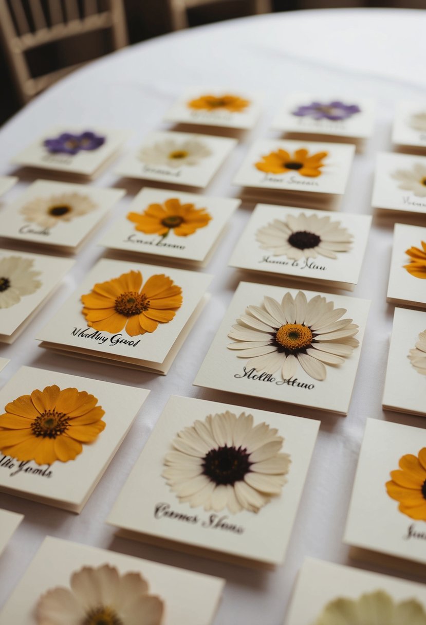 A collection of delicate pressed flower cards arranged on a table, each one bearing the name of a wedding guest