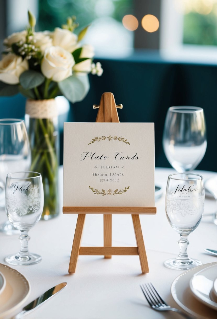 A mini easel stands on a table, displaying elegant wedding place cards with delicate designs